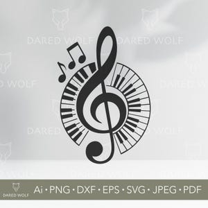 Op de afbeelding: Zwart muzikaal G-sleutelontwerp met pianotoetsen die een halve cirkel vormen. Twee muzieknoten staan boven de sleutel. De tekst "DARED WOLF" herhaalt zich. Bestandsformaten: AI, PNG, DXF, EPS, SVG, JPEG en PDF.