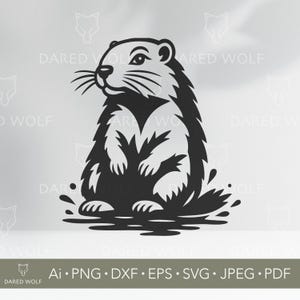 May include: A black and white groundhog silhouette. The groundhog is depicted sitting upright. The image includes the text "DARED WOLF" and file type information: Ai, PNG, DXF, EPS, SVG, JPEG, PDF.