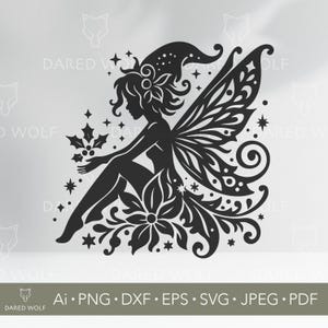 May include: Black and white silhouette of a fairy with wings, sitting on a floral design. The fairy is wearing a pointed hat and holding a sprig of holly.