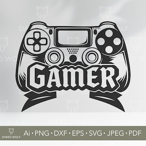 May include: Black and white illustration of a video game controller with the word "GAMER" written in a bold font below it.