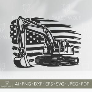Excavator Vector Art | American Flag Construction SVG for Cricut and Silhouette | Patriotic Heavy Equipment Digital File