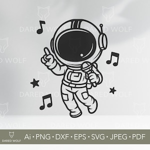 Astronauta cantante SVG / Lindo arte vectorial de música espacial para Cricut y Silhouette / Clipart de niño galáctico / Archivo digital de dibujos animados para amantes del espacio