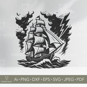 May include: Monochrome illustration of a sailing ship battling a storm. The image features a ship with billowing sails, dark clouds, crashing waves, and a lightning strike. The image includes the text "DARED WOLF" and file type options.