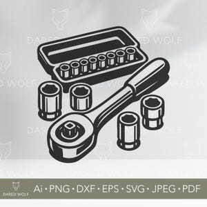 May include: Black and white illustration of a socket wrench set. The set includes a ratchet wrench, multiple sockets, and a storage case. The image also includes the text "DARED WOLF" and file type information.