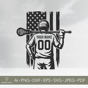 Arte vectorial con la bandera estadounidense de jugador de lacrosse / SVG deportivo personalizado para Cricut y Silhouette / Archivo digital patriótico para camisetas, equipo y regalos de equipo