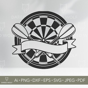 以下が含まれることがあります： 黒と白のダーツボードのイラスト。中央で交差する2本のダーツ。ダーツボードは、テキスト用の空白スペースのあるバナーで囲まれています。