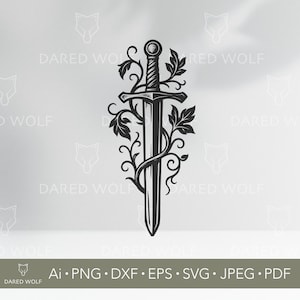 May include: A monochrome illustration of a sword design, featuring a detailed hilt and crossguard, intertwined with decorative foliage. The image includes the text "DARED WOLF" and file type abbreviations.