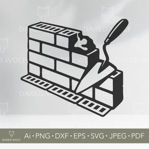 May include: Black and white illustration of a brick wall under construction. A trowel is applying mortar to the top course of bricks. The image includes the text "Ai • PNG • DXF • EPS • SVG • JPEG • PDF".