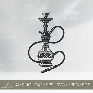 Könnte beinhalten: Schwarz-Weiß-Illustration einer Wasserpfeife. Das Design zeigt einen detaillierten zentralen Körper, einen Stiel und einen gebogenen Schlauch. Das Bild enthält den Text "DARED WOLF" und Dateityp-Abkürzungen.