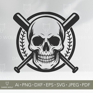 Arte vectorial de calavera de béisbol / Estilo de tatuaje deportivo SVG para Cricut y Silhouette / Archivo digital de béisbol rebelde para corte de vinilo y manualidades para fanáticos