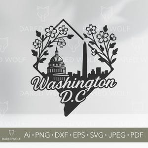 Arte vetorial do horizonte de Washington DC | Flor de cerejeira SVG para Cricut e Silhouette | Lembrança da cidade SVG | Design do Capitólio para recorte em vinil