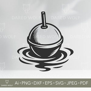 Puede incluir: Ilustración en blanco y negro de un flotador de pesca flotando en el agua. El flotador es redondo con un tallo vertical y se asienta sobre ondas de agua estilizadas. La imagen incluye el texto "DARED WOLF" e información del tipo de archivo.