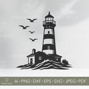 May include: Black and white silhouette of a lighthouse with a small building next to it. The lighthouse has a striped tower and a small window. The lighthouse is on a rocky shore with waves crashing against it. There are birds flying in the sky.