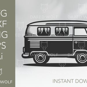 Pode incluir: Silhueta preta e branca de uma van de campismo vintage com janelas e uma porta lateral. A van tem uma frente arredondada e uma parte traseira plana.