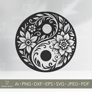 May include: Black and white Yin Yang design with floral elements. The design features two large flowers, leaves, and swirls, with the text "DARED WOLF" and file type options: Ai, PNG, DXF, EPS, SVG, JPEG, PDF.