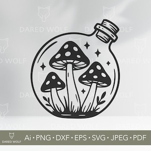 May include: Black and white illustration of three mushrooms inside a glass bottle. The mushrooms have dotted caps and are surrounded by stars and foliage. The text "DARED WOLF" and file type abbreviations are at the bottom.