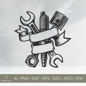 Puede incluir: Ilustración en blanco y negro de una llave inglesa, una bujía, un pistón y una pancarta con un espacio en blanco para texto. Las herramientas están dispuestas en un círculo alrededor de la pancarta.