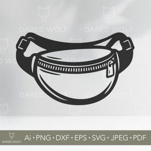 May include: A black fanny pack illustration with a zipper closure and adjustable strap. The image includes the text "DARED WOLF" and file type options: Ai, PNG, DXF, EPS, SVG, JPEG, and PDF.