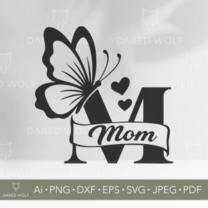 Mãe Borboleta SVG | Arte Vetorial Dia das Mães para Cricut e Silhouette | Arquivo Digital Letra M | Design de Coração e Faixa para Recorte em Vinil