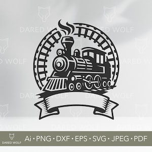 May include: Black and white illustration of a steam train inside a circular railroad track design. A banner is below the train. The image includes the text "Ai • PNG • DXF • EPS • SVG • JPEG • PDF".