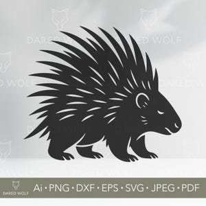 May include: A black porcupine silhouette with detailed quills and a curved ear. The image includes the text "DARED WOLF" and file type options: AI, PNG, DXF, EPS, SVG, JPEG, and PDF. The porcupine is walking.