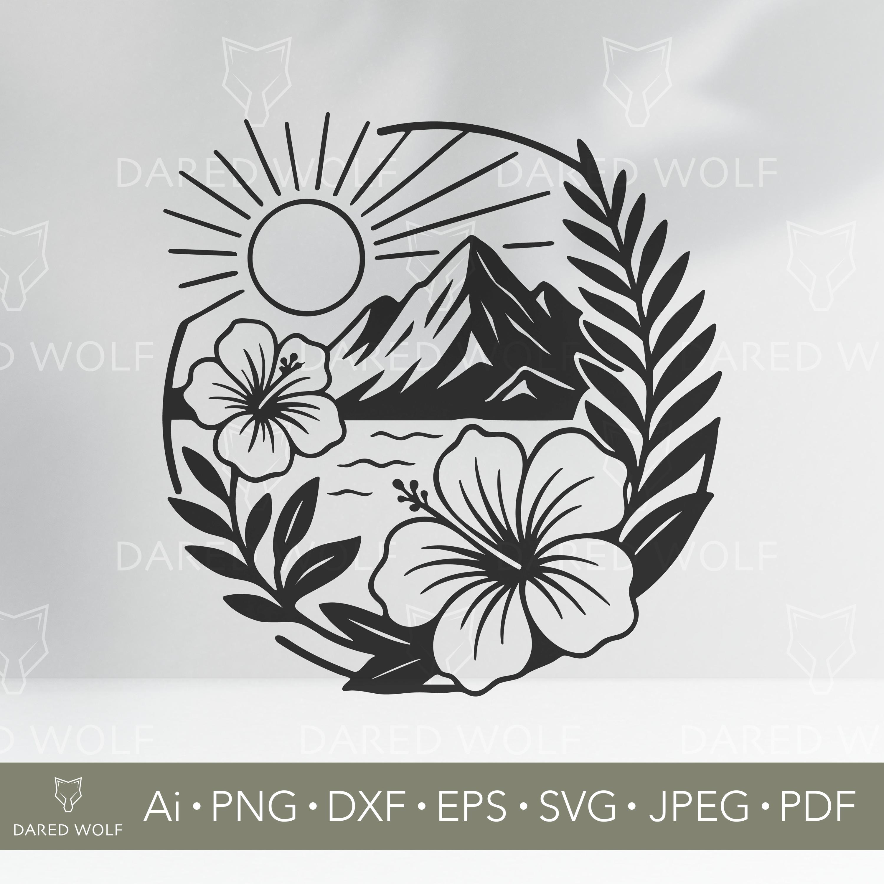 Tropical Hibiscus Mountain SVG: Sunset Beach Scene Cut File (digital ...