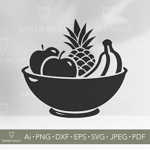 Obstschale SVG | Apfel Banane Ananas Vektor für Cricut und Silhouette | Küche Clipart digitale Datei für Vinyl und Laserschneiden