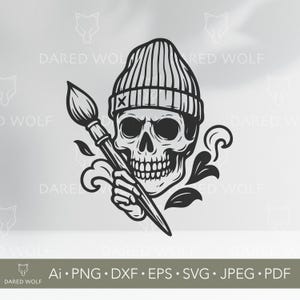 スカルペインターSVG | CricutとSilhouette用の交差ブラシを使った芸術的なスカルクリップアート | タトゥーやクラフトプロジェクト用のビーニースカルベクター