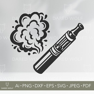 May include: Black and white graphic of a vape pen and a stylized cloud of vapor. The image includes the text "DARED WOLF" and file type indicators: Ai, PNG, DXF, EPS, SVG, JPEG, and PDF.