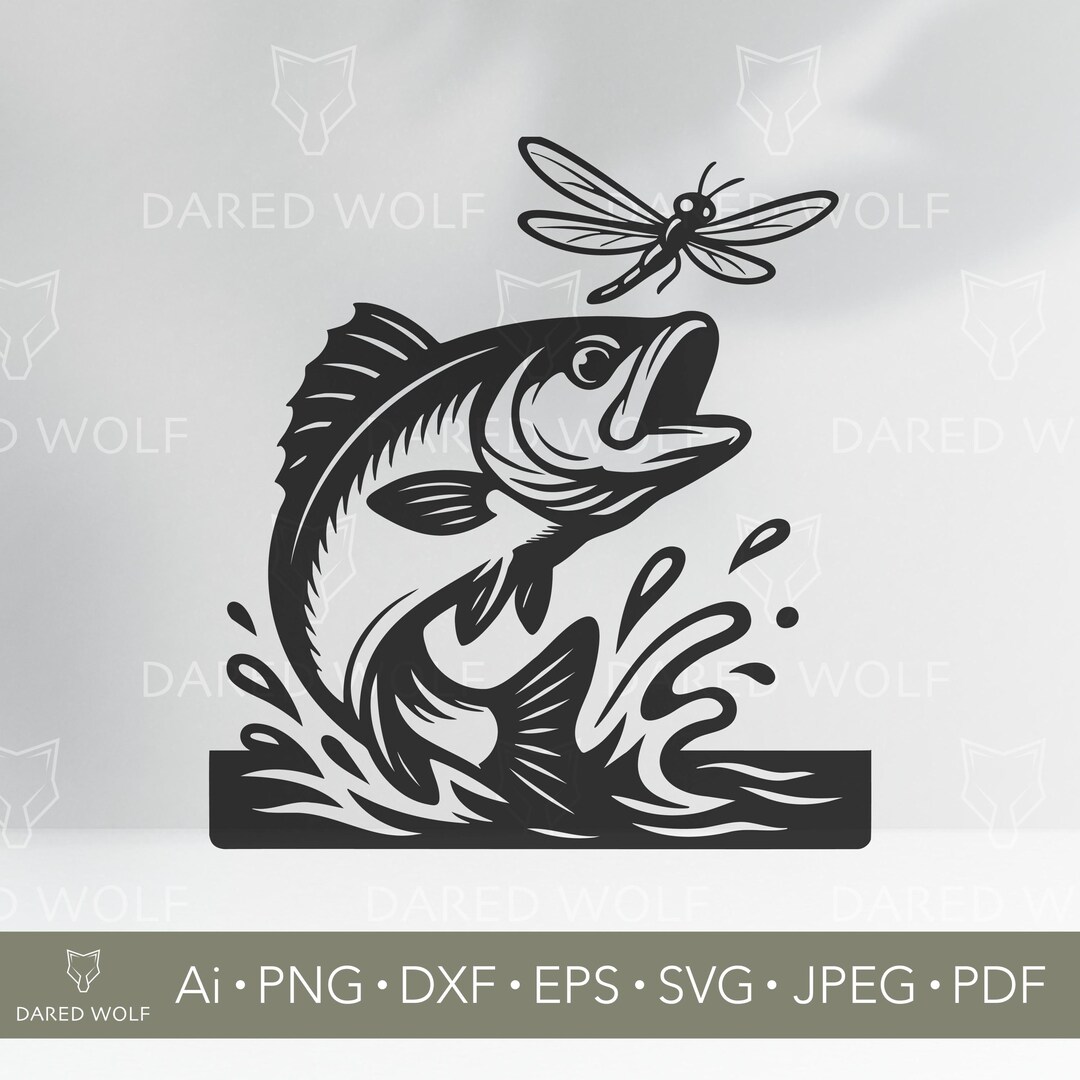 Jumping Fish Line Art Jumping Fish Clipart - Bass and Dragonfly Vector - Dynamic Line Art for ...