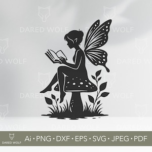 Peut inclure: Silhouette noire d'une fée lisant un livre, assise sur un champignon. La fée a de grandes ailes de papillon, avec des feuilles et de l'herbe autour. Le fichier comprend les options : Ai, PNG, DXF, EPS, SVG, JPEG, et PDF.
