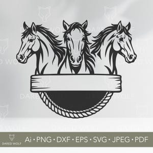 Horse Monogram SVG Design | Western Cowboy Style Vector Art for Cricut | 3 Horses Head Cut File | Custom Farm Sign Digital Download