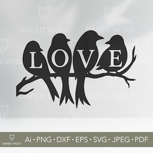 Pájaros enamorados en una rama / Arte vectorial / Silueta romántica SVG para Cricut y Silhouette / Archivo digital para decoración de paredes, regalos y manualidades para bodas