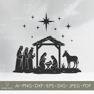 May include: Black silhouette of a Nativity scene with the Holy Family, the Three Wise Men, and a donkey. A large star and smaller stars are above the stable. The image includes the text "DARED WOLF" and file type options.