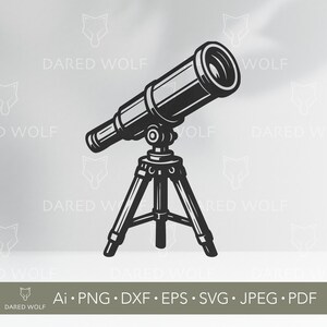 Könnte beinhalten: Schwarz-Weiß-Illustration eines Teleskops auf einem Stativ. Das Teleskop ist nach oben geneigt, mit einer detaillierten Linse und einstellbarem Fokus. Das Stativ hat drei Beine. Der Text "DARED WOLF" und Dateityp-Abkürzungen sind enthalten.