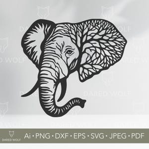 May include: A black and white elephant head silhouette. The elephant's ear features a tree-like design. The image includes the text "Ai • PNG • DXF • EPS • SVG • JPEG • PDF" at the bottom, indicating file formats.