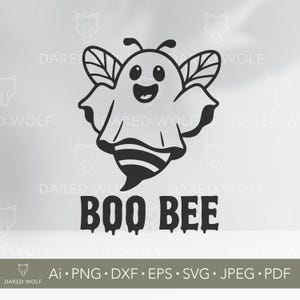 May include: A black and white graphic featuring a ghost with bee wings and a striped abdomen. The words "BOO BEE" are displayed below. This design is ideal for Halloween or spooky-themed crafts.