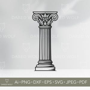 Może przedstawiać: Czarno-biała ilustracja klasycznej kolumny. Kolumna posiada szczegółową głowicę z motywami zwojów i liści, żłobkowany trzon i podstawę. Obraz zawiera tekst "DARED WOLF" i opcje typu pliku.