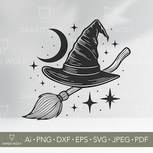Witch Hat and Broom Celestial SVG | Halloween Witch Clipart for Cricut & Silhouette | Magic Moon Stars Vector | Digital Cut File