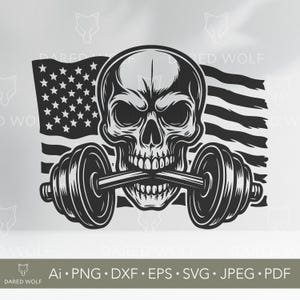 Peut inclure: Illustration en noir et blanc d'un crâne avec une barre de musculation dans la bouche. Le crâne est devant un drapeau américain.
