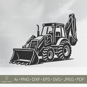 May include: Black and white illustration of a backhoe loader. The image features a detailed outline of the construction vehicle, including the front bucket, rear arm, and large tires. The text "DARED WOLF" is visible in the image, along with file type information.