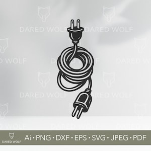 May include: Black and white illustration of an electrical plug with a coiled cord and a second plug. The image includes the text "DARED WOLF" and file type abbreviations: Ai, PNG, DXF, EPS, SVG, JPEG, PDF.