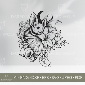Floral Bat SVG with Moon | Mystical Gothic Clipart for Cricut and Silhouette | Night Creature Vector Design for Vinyl and Decor