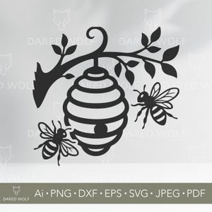 Bijenkorf en bijen vectorkunst | Rustieke tuin SVG voor Cricut en Silhouette | Digitaal bestand honingbij | Bijenontwerp voor het snijden van boerderijvinyl