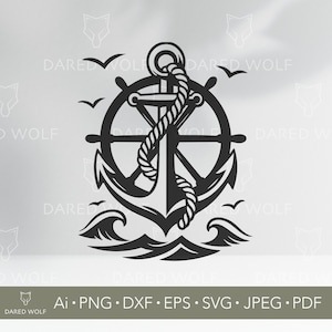 May include: Black nautical-themed graphic featuring an anchor, ship's wheel, rope, waves, and seagulls. The design includes the text "DARED WOLF" and file type information: Ai, PNG, DXF, EPS, SVG, JPEG, and PDF.