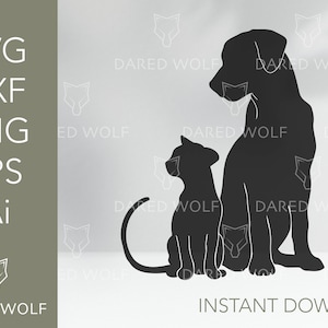 May include: Silhouette of a dog and cat sitting side by side. The dog is larger than the cat and is facing to the left. The cat is facing to the right. Both animals are black.