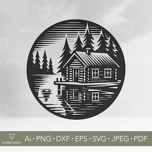 Hut in het bos Vectorkunst | Rustic Lake House SVG voor Cricut en Silhouette | Natuur-svg | Boscabineontwerp voor het snijden van vinyl