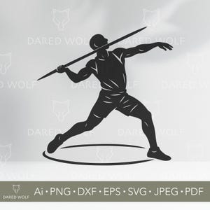 Op de afbeelding: Zwart silhouet van een speerwerper in actie. De figuur is halverwege de worp, met de speer klaar om los te laten. De afbeelding bevat een cirkel en de tekst "DARED WOLF" en afkortingen van bestandstypen.
