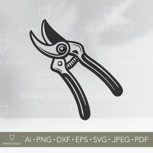 May include: Black and white illustration of pruning shears, a gardening tool. The image features the text "DARED WOLF" and file type information: Ai, PNG, DXF, EPS, SVG, JPEG, PDF.