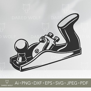 Puede incluir: Ilustración en blanco y negro de un cepillo manual, una herramienta para trabajar la madera. La imagen incluye el texto "DARED WOLF" y abreviaturas de tipos de archivo: Ai, PNG, DXF, EPS, SVG, JPEG y PDF.